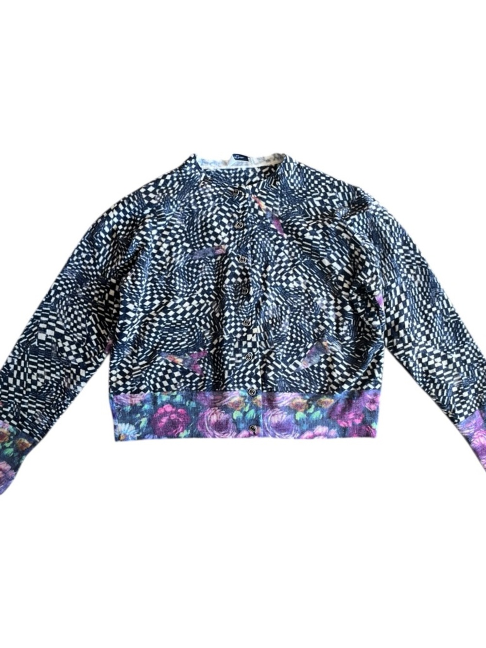 Womens Patterned Wool Cardigan with Floral Hem - Black & Purple